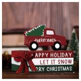 4 Pcs Red Truck Christmas Decoration Wooden Truck Tree Book Table Rustic Winter Table Centerpiece Wooden Block Sign