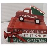 4 Pcs Red Truck Christmas Decoration Wooden Truck Tree Book Table Rustic Winter Table Centerpiece Wooden Block Sign
