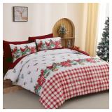 Christmas Comforter Set King Size Red Cardinal Bird Poinsettia 7 Pieces Bed in a Bag (104