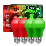 Red and Green Light Bulbs A19 LED, E26 Base, 9W (60W Equivalent), Christmas Porch & Party Decor, 4 Pack