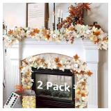Neutral Fall Garland for Mantle Fireplace - 2 Pack 6Ft Outdoor Autumn Leaves Decor for Home Front Door with Pumpkins Indoor Maple for Farmhouse Table Stairs Porch Halloween Thanksgiving Decorations - 