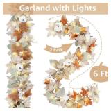Neutral Fall Garland for Mantle Fireplace - 2 Pack 6Ft Outdoor Autumn Leaves Decor for Home Front Door with Pumpkins Indoor Maple for Farmhouse Table Stairs Porch Halloween Thanksgiving Decorations - 