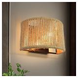 Rattan Wall Sconce Boho Wall Light Fixture Hand Woven Wall Mounted Lamp for Bedroom, Staircase, Aisle, Porch, Dia 9.7 Inch - Retail: $64