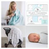 Amazing Baby Muslin Swaddle Blankets, Set of 4, Premium Cotton, XLarge 46x46 inches, Starry Night and Tiny Elephants, Pastel Blue - Retail: $29