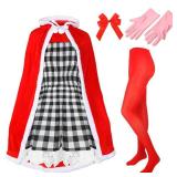 Set of 5 Pcs Christmas Costume for Women Christmas Gingham Dresses Velvet Hooded Cape Tights Gloves Bow for Girl (Medium) - Retail: $43