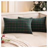 Christmas Set of 2 Scottish Tartan Throw Pillow Covers Farmhouse Classic Plaid Decorative Couch Pillows Home Decor for Sofa Living Room Bed 12x20 Inch, Green