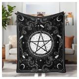 Black and White Pentagram Fleece Throw Blanket, Gothic Witchy Blessed Pray Star Cozy Decor Nap Blankets Gift with Moon Star and Snake Stone Sofa Bed Couch Chair or Dorm Throws 50x60 inches - Retail: $