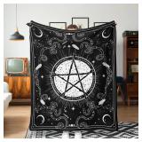 Black and White Pentagram Fleece Throw Blanket, Gothic Witchy Blessed Pray Star Cozy Decor Nap Blankets Gift with Moon Star and Snake Stone Sofa Bed Couch Chair or Dorm Throws 50x60 inches - Retail: $