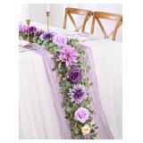 Flower Garland, 6.07Ft Eucalyptus Garland with Flowers, Silk Rose Floral Vines for Wedding Reception Table Mantle Decor (Purple) - Retail: $20