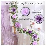 Flower Garland, 6.07Ft Eucalyptus Garland with Flowers, Silk Rose Floral Vines for Wedding Reception Table Mantle Decor (Purple) - Retail: $20