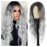 Long Grey Wavy Wig for Women 26 Inch Ombre Grey Middle Part Curly Synthetic Hair Wig Natural Look Heat Resistant Fiber for Daily Party Use - Retail: $30