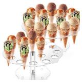 2 Pack Ice Cream Cone Holder, 16 Holes Acrylic Waffle Cone Display Stand, Clear Hand Roll Sushi Popcorn Rack for Party Buffet Birthday Wedding - Retail: $15