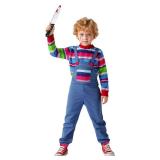 Kids Chucky Costume Killer Good Guy Chucky Cosplay Jumpsuit Bodysuit One-Piece Outfits for Boys Girls Halloween Multicolor (Red stain) small - Retail: $23