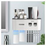 Toothbrush Holders Wall Mounted, Toothbrush Holder with Automatic Toothpaste Dispensers, 6 Brush Slots, 2 Magnetic Cups,1 Cosmetic Drawer Organizer and 1 Large Storage Tray - Retail: $28