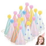 16pcs Birthday Party Cone Hats for Kids: 7 inch Pom Poms Party Supplies & Decorations Paper Colorful Hat for Toddler Girls Boys Baby Shower Photo Props - Retail: $20