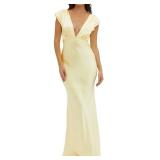 Halfisland Womens Summer Satin V Neck Cap Sleeve Backless Maxi Dress Elegant Twist Cut Out Midi Dresses Wedding Guest Yellow Small - Retail $50 Halfisland Womens Summer Satin V Neck Cap Sleeve Backless Maxi Dress Elegant Twist Cut Out Midi Dresses Wedding Guest Yellow Small - Retail $50