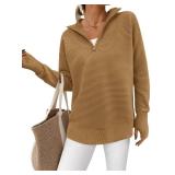 PRETTYGARDEN Womens Long Sleeve Quarter Zip Pullover Sweater Casual Loose V Neck Collared Ribbed Knit Jumper Tops Thumb Hole(Khaki,Large) - Retail $45 PRETTYGARDEN Womens Long Sleeve Quarter Zip Pullover Sweater Casual Loose V Neck Collared Ribbed Knit Jumper Tops Thumb Hole(Khaki,Large) - Retail $45