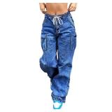 AprPith Mid Rise Cargo Jeans Women Elastic Waist Stretch Wide Leg Denim Pants with Pockets Baggy Streetwear Pants y2k Dark Blue XL - Retail $30 AprPith Mid Rise Cargo Jeans Women Elastic Waist Stretch Wide Leg Denim Pants with Pockets Baggy Streetwear Pants y2k Dark Blue XL - Retail $30