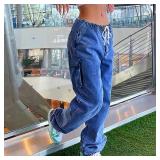 AprPith Mid Rise Cargo Jeans Women Elastic Waist Stretch Wide Leg Denim Pants with Pockets Baggy Streetwear Pants y2k Dark Blue XL - Retail $30 AprPith Mid Rise Cargo Jeans Women Elastic Waist Stretch Wide Leg Denim Pants with Pockets Baggy Streetwear Pants y2k Dark Blue XL - Retail $30