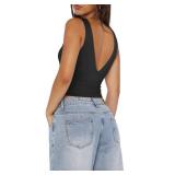 REORIA Women's Summer Sexy Plunge Deep V Neck Sleeveless V Backless Tank Top Double Lined Workout Yoga Crop Tops Black Large - Retail $25 REORIA Women's Summer Sexy Plunge Deep V Neck Sleeveless V Backless Tank Top Double Lined Workout Yoga Crop Tops Black Large - Retail $25