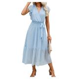 BTFBM Women Summer Bohemian Floral Casual Wrap V Neck Ruffle Cap Sleeveless Belt A-Line Pleated Hem Swing Midi Sun Dress (Swiss Dot Light Blue, S) - Retail $39 BTFBM Women Summer Bohemian Floral Casual Wrap V Neck Ruffle Cap Sleeveless Belt A-Line Pleated Hem Swing Midi Sun Dress (Swiss Dot Light Blue, S) - Retail $39
