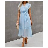 BTFBM Women Summer Bohemian Floral Casual Wrap V Neck Ruffle Cap Sleeveless Belt A-Line Pleated Hem Swing Midi Sun Dress (Swiss Dot Light Blue, S) - Retail $39 BTFBM Women Summer Bohemian Floral Casual Wrap V Neck Ruffle Cap Sleeveless Belt A-Line Pleated Hem Swing Midi Sun Dress (Swiss Dot Light Blue, S) - Retail $39