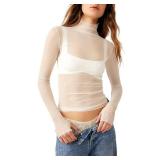 Sheer Mesh Long Sleeve Layering Top for Women Mock Neck Floral Lace Tshirt See Through Tee Shirt Blouse(Dot White,X-Large Sheer Mesh Long Sleeve Layering Top for Women Mock Neck Floral Lace Tshirt See Through Tee Shirt Blouse(Dot White,X-Large