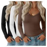 Huukeay 3 Pack Women's Deep V Neck T Shirts Long Sleeve Slim Fitted Tops Casual Fall Basic Tee Shirts Stylish Clothes(Black, White, Brown,Large) - Retail $44 Huukeay 3 Pack Women's Deep V Neck T Shirts Long Sleeve Slim Fitted Tops Casual Fall Basic Tee Shirts Stylish Clothes(Black, White, Brown,Large) - Retail $44