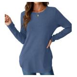 NORACORA Women's Casual Long Sleeve T Shirt Round Neck Basic Loose Tunic Tops Curved Hem with Side Split Basic Tee TShirts Going Out Outfits Blue S NORACORA Women's Casual Long Sleeve T Shirt Round Neck Basic Loose Tunic Tops Curved Hem with Side Split Basic Tee TShirts Going Out Outfits Blue S