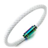 COOLSTEELANDBEYOND Thin White Braided Genuine Leather Bangle Bracelet for Men Women, Rainbow Oxidized Magnetic Clasp COOLSTEELANDBEYOND Thin White Braided Genuine Leather Bangle Bracelet for Men Women, Rainbow Oxidized Magnetic Clasp