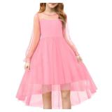 Haloumoning Girls Dresses Kids Contrast Mesh Long Sleeve Twirly High Low Birthday Party Formal Dress 5-14 Years Pink Haloumoning Girls Dresses Kids Contrast Mesh Long Sleeve Twirly High Low Birthday Party Formal Dress 5-14 Years Pink