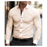 Lasjixion Men's Solid Long Sleeve Dress Shirts Wrinkle-Free Formal Casual Business Button Down Shirts Beige Large Lasjixion Men's Solid Long Sleeve Dress Shirts Wrinkle-Free Formal Casual Business Button Down Shirts Beige Large