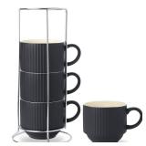 HASENSE Coffee Mug Ceramic Set of 4 with Stand - 15 oz Stackable Large Porcelain Ribbed Latte Cup Set for Cappuccino, Tea, Hot Cocoa, Drinks - Dishwasher & Microwave Safe, Black HASENSE Coffee Mug Ceramic Set of 4 with Stand - 15 oz Stackable Large Porcelain Ribbed Latte Cup Set for Cappuccino, Tea, Hot Cocoa, Drinks - Dishwasher & Microwave Safe, Black