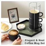 HASENSE Coffee Mug Ceramic Set of 4 with Stand - 15 oz Stackable Large Porcelain Ribbed Latte Cup Set for Cappuccino, Tea, Hot Cocoa, Drinks - Dishwasher & Microwave Safe, Black HASENSE Coffee Mug Ceramic Set of 4 with Stand - 15 oz Stackable Large Porcelain Ribbed Latte Cup Set for Cappuccino, Tea, Hot Cocoa, Drinks - Dishwasher & Microwave Safe, Black