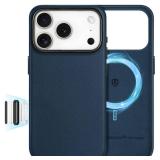 SHIELDON Genuine Leather Case for iPhone 17 Pro 6.3\' 2025, [Camera Button Updated], Compatible with Magsafe, Magnetic Wireless Charging, Slim Fit, Shockproof, Metal Button, Camera Bezel - Navy Blue