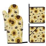 Sunflower Bee Oven Mitts and Pot Holders Set,Daisy Kitchen Oven Gloves and Pot Holder with Heat Resistant Non Slip for Cooking Baking Grilling(4 Piece Set) Sunflower Bee Oven Mitts and Pot Holders Set,Daisy Kitchen Oven Gloves and Pot Holder with Heat Resistant Non Slip for Cooking Baking Grilling(4 Piece Set)