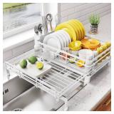 SNTD Dish Drying Rack - Extendable Dish Rack, Large Sink Drying Dish Drainer for Kitchen Counter, Stainless Steel Dish Strainer with Utensil Holder (White) SNTD Dish Drying Rack - Extendable Dish Rack, Large Sink Drying Dish Drainer for Kitchen Counter, Stainless Steel Dish Strainer with Utensil Holder (White)