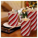 Yongmao Red Stripe Flameless Pillar Candles with Timer, Real Wax Flickering Battery Operated Candles for Christmas Holiday Home Decor, Set of 3 (D3 x H4 5\' 6\') Yongmao Red Stripe Flameless Pillar Candles with Timer, Real Wax Flickering Battery Operated Candles for Christmas Holiday Home Decor, Set of 3 (D3 x H4 5\' 6\')