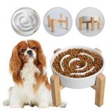 Elevated Slow Feeder Dog Bowl - Ceramic Maze Food Dish with Bamboo Stand - Raised Feeding Bowl for Fast Eaters - Ideal for Small and Medium Dogs - White - 6.7 inch Elevated Slow Feeder Dog Bowl - Ceramic Maze Food Dish with Bamboo Stand - Raised Feeding Bowl for Fast Eaters - Ideal for Small and Medium Dogs - White - 6.7 inch