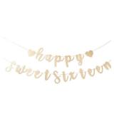 Happy Sweet Sixteen Banner, Pre-Strung Glitter Sweet 16 Party Decorations,16th Party Sign for 16th Birthday Decorations (Champagne Gold)