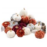 18 PCS Velvet Pumpkins for Fall Table Decor, Artificial Pumpkins, Faux Fake Pumpkin Home Decorations for Autumn Harvest, Thanksgiving, Wedding, Halloween, Table Centerpieces (Multi-Color Velvet)