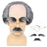 AMZCOS Old Man Bald Cap Grey Wig Grandpa Wig with Glasses Mustache & Eyebrows for Mens Halloween Cosplay Costume Funny Old Person Gray Hair Wigs