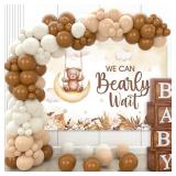 DataMoon Teddy Bear Baby Shower Party Decorations - Wood Grain Boxes with Baby Letters, 90PCS Nude and Brown Balloons, Boho Backdrop We Can Bearly Wait for BabyShower, Gender Reveal,Birthday Party