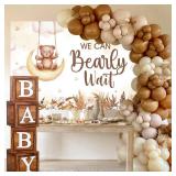 DataMoon Teddy Bear Baby Shower Party Decorations - Wood Grain Boxes with Baby Letters, 90PCS Nude and Brown Balloons, Boho Backdrop We Can Bearly Wait for BabyShower, Gender Reveal,Birthday Party
