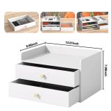 Bamboo Desk Organizer with Drawers Wooden Desktop Storage Organization Box for Bills Office Supplies Kitchen Utensils Organizing Tool for Home Classroom Vanity, No Assembly Required (2 Drawers, White)