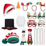 VioraWhite 19 Pc Photo Booth Props - Christmas Party Set with Hats, Glasses, Headbands, Necklaces, Necktie, White Beard, Knit & Black Hats, Carrot Nose