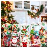 WeDoSoy Christmas Cellophane Bags - Set of 125 Treat Bags with Gold Twist Ties & 30 Gift Tags - Ideal for Cookies, Candies, Table Decor and Christmas Party Decorations