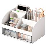 COMFYROOM Desk Organizer with 6 Compartments and 2 Drawers, Plastic Makeup Organizer, Pen Holder for Desktop Storage, Desk Organization for School, Home, Office Supplies (White)
