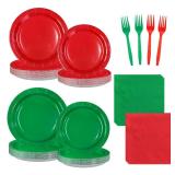 Greencian Christmas Red and Green Party Decorations Red and Green Paper Plates and Napkins Disposable Tableware Set for Christmas Xmas Holiday Birthday Party Supplies