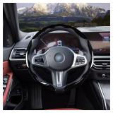 Car Steering Wheel Cover Set Bright Carbon Fiber Wrap Non-Slip 3pcs Steering Wheel Accessories 14.5-15 inch Universal (Black)